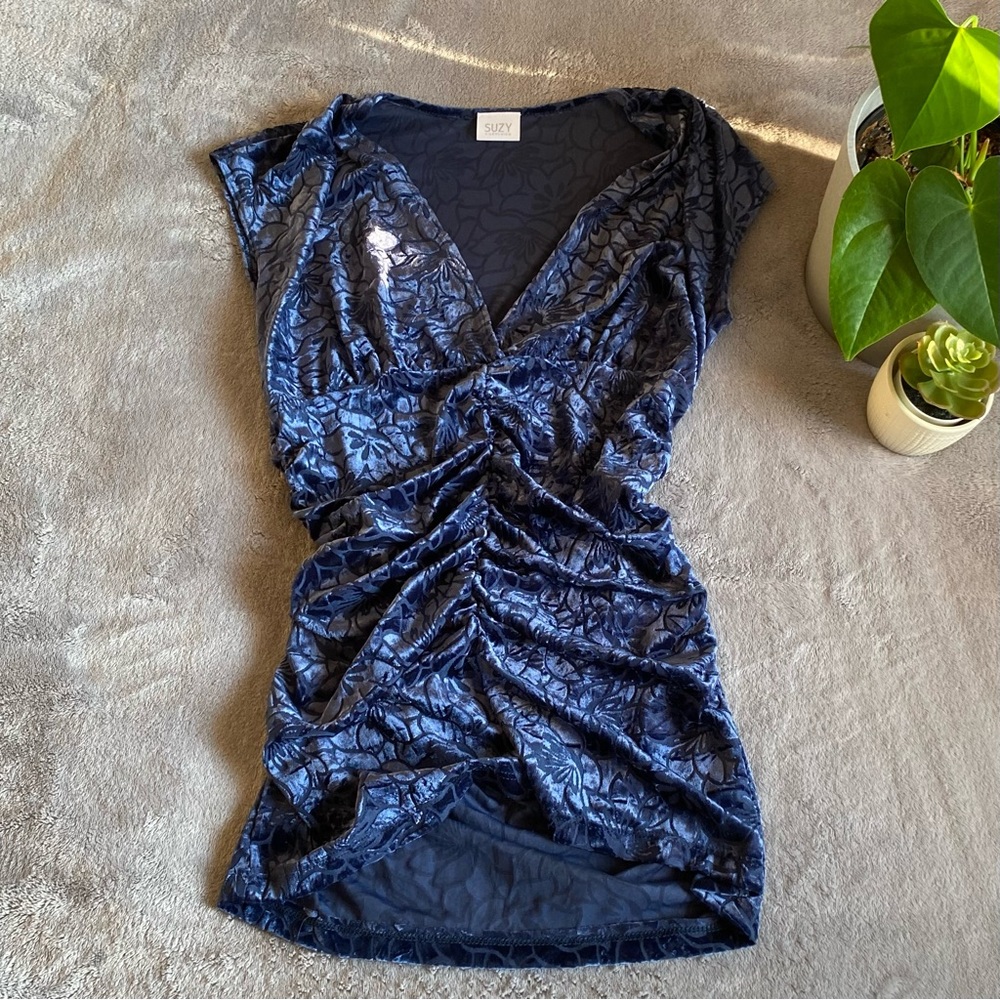 Vintage 90s/Y2K Suzy shier blue crushed velvet ruched top size small